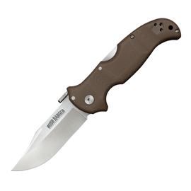 COLD STEEL BUSH RANGER, a Secure Pocket Knife with a 3.5-inch satin finish S35VN stainless clip point blade, brown G10 handle, and state-of-the-art rocker lock with secondary safety.
