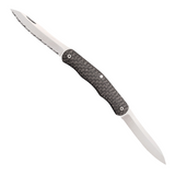 Cold Steel Lucky Pen Knife, a double-bladed Pocket Knife with satin finish CPM S35VN stainless steel blades (standard and serrated) and black carbon fiber handle. Includes pocket clip, slip joint mechanism, and velvet pouch.