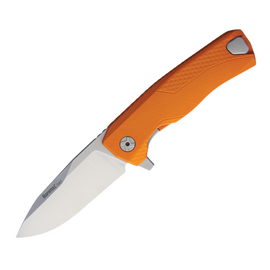 LionSTEEL ROK Framelock Pocket Knife with a 3.25 inch satin finish Bohler M390 stainless steel drop point blade and orange aluminum handle. This knife features the H.WAYL system, a LionSTEEL patent that creates a spring loaded retractable pocket clip, and a removable flipper tab for customizable use