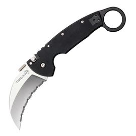 Cold Steel Tiger Claw. Features a 3.375-inch serrated Carpenter CTS-XHP stainless steel blade with a satin finish and black G10 handle.