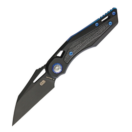 EOS URCHIN Friction Folder Pocket Knife. Features a 3-inch black DLC coated Nitro V steel blade, black anodized titanium handle with carbon fiber inlay, and blue anodized hardware.