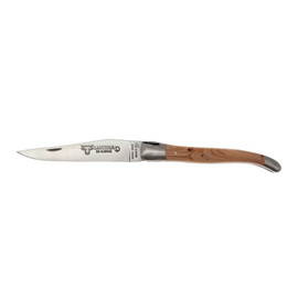 Laguiole En Aubrac Folding Knife (12cm) - Juniper Wood. This handcrafted pocket knife features a juniper wood handle and a stainless steel blade, perfect for picnics, camping, or any outdoor adventure.