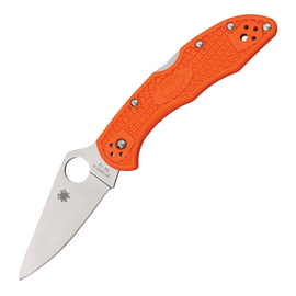Orange Spyderco Delica 4 Lightweight Pocket Knife with a 3-inch VG-10 stainless steel blade, a textured FRN handle, and a thumb hole opener. This Spyderco knife also features a reversible pocket clip and lanyard hole.