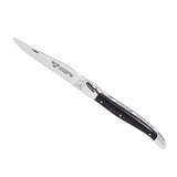 Laguiole En Aubrac Folding Pocket Knife (12cm) with Ebony Wood Handle. This traditional French pocket knife features a stainless steel blade and a shepherd's cross emblem on the handle.