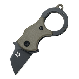 Fox Mini-Ta Linerlock Pocket Knife. 1-inch Black Finish 4116 Stainless Steel Blade. OD Green FRN Handle. Finger Ring. Keyring. Pocket Clip.