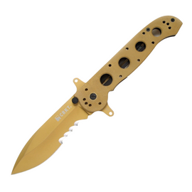 CRKT M21 Linerlock, a pocket knife with a 3.88-inch desert tan blade and tan G10 handle.