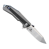 DEFCON ATLAS Framelock Pocket Knife with 3.75-Inch Satin Finish CPM S35VN Stainless Steel Modified Tanto Blade, Gray Titanium Handle with Carbon Fiber Inlay, and Glass Breaker.