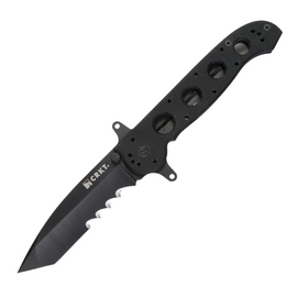 CRKT M16 BIG DOG SPECIAL FORCES, a Pocket Knife with a 4-inch black TiNi-coated Veff serrated blade and black G10 handle.