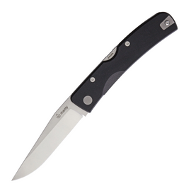 Manly Peak Lockback D2 Black Pocket Knife. This everyday carry pocket knife features a 3.75 inch satin finish D2 tool steel blade and black G10 handle for durability. Includes pocket clip for convenient carry.