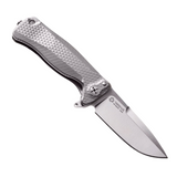 LIONSTEEL SR22 Framelock Pocket Knife with 3-Inch Satin Finish Sleipner Tool Steel Drop Point Blade, Gray Textured Titanium Handle, Glass Breaker, and Leather Belt Sheath.