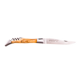 Laguiole en Aubrac Folding Pocket Knife with Corkscrew (12cm) - Olive Wood. Traditional pocket knife featuring a corkscrew, crafted from high-quality steel with a beautiful olive wood handle. Perfect for picnics, camping, or any outdoor adventure.