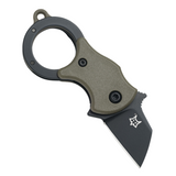 Fox Mini-Ta Linerlock Pocket Knife. 1-inch Black Finish 4116 Stainless Steel Blade. OD Green FRN Handle. Finger Ring. Keyring. Pocket Clip.