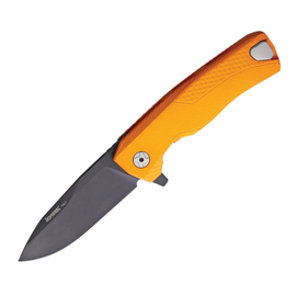 LionSTEEL ROK Framelock Orange Pocket Knife. This pocket knife features a 3.25-inch black finish Bohler M390 stainless steel drop point blade and an orange aluminum handle. It also includes a pocket clip and a removable flipper tab for customizable use.