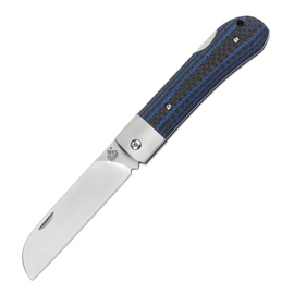 QSP Knife Worker Lockback CF/G10, a Pocket Knife with a 3.25-inch satin finish Bohler N690 stainless steel sheepsfoot blade and blue G10/carbon fiber handle.