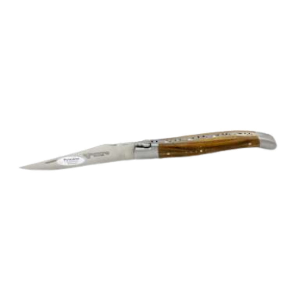 Laguiole En Aubrac Folding Pocket Knife (12cm) - Pistachio Wood. This traditional French pocket knife features a 12cm Sandvik stainless steel blade and a beautiful pistachio wood handle, perfect for everyday carry, camping, or picnics.