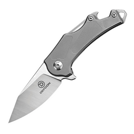 Defcon Rhino Framelock pocket knife with a 2.5 inch satin finish Bohler M390 stainless steel blade and gray titanium handle