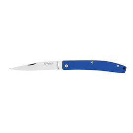 Maserin E.D.C pocket knife with a  85mm D2 steel blade in satin finish and blue micarta handle. This slip joint knife features a long clip profile blade and a hole at the end of the handle for attaching a lanyard or keychain.