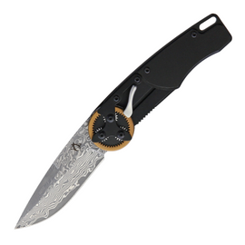 MANTIS GEARHEAD Linerlock Pocket Knife with 3-Inch Damascus Steel Drop Point Blade, Black Aluminum Handle, and Gear-Assisted Opening.
