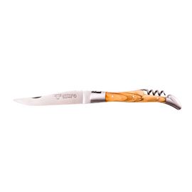 Laguiole en Aubrac Folding Pocket Knife with Corkscrew (12cm) - Olive Wood. Traditional pocket knife featuring a corkscrew, crafted from high-quality steel with a beautiful olive wood handle. Perfect for picnics, camping, or any outdoor adventure.