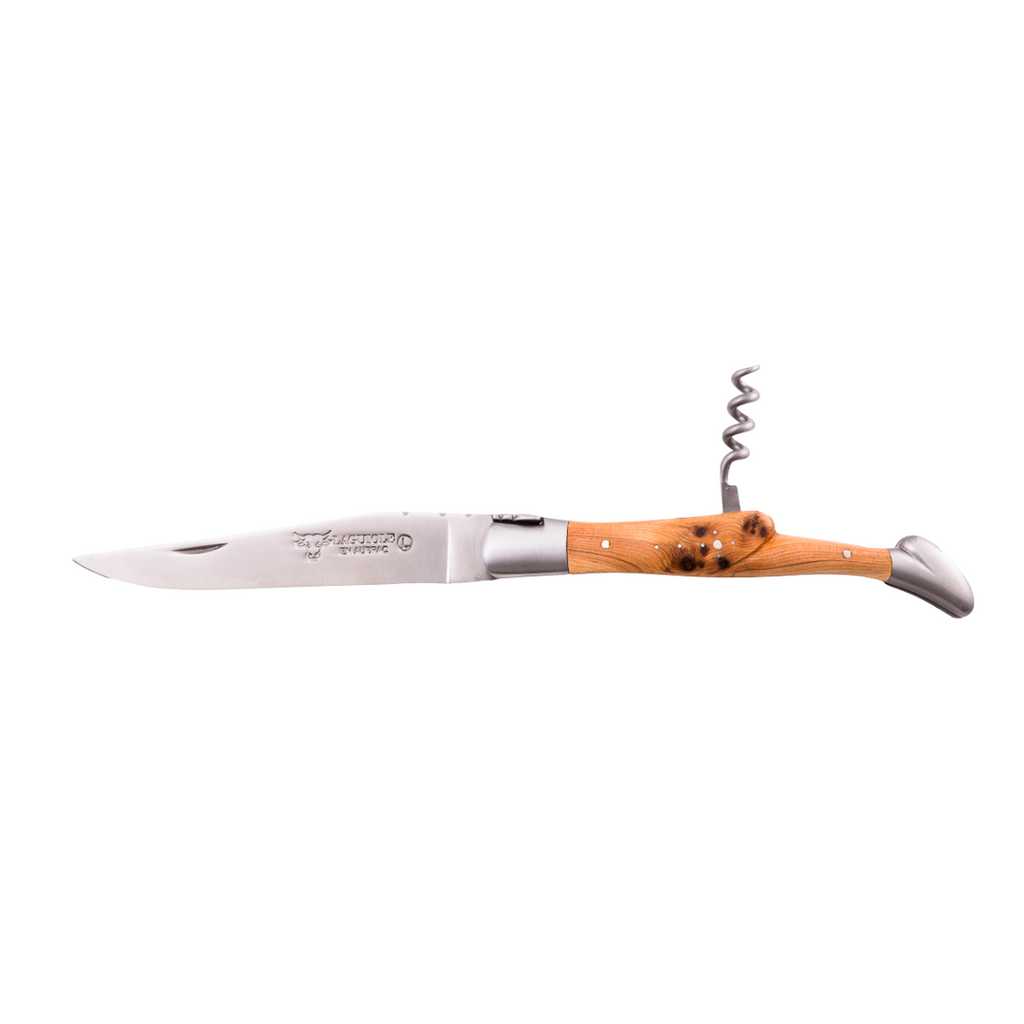 Laguiole En Aubrac Folding Pocket Knife (12cm) with Corkscrew - Juniper Wood. This traditional pocket knife features a juniper wood handle and a stainless steel blade, perfect for camping, picnics, or any outdoor adventure.