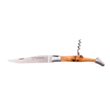 Laguiole En Aubrac Folding Pocket Knife (12cm) with Corkscrew - Juniper Wood. This traditional pocket knife features a juniper wood handle and a stainless steel blade, perfect for camping, picnics, or any outdoor adventure.