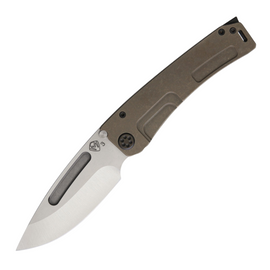 MEDFORD MARAUDER FRAMELOCK pocket knife with a 4.25 inch tumbled finish 3V steel blade and bronze anodized titanium handle