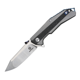 DEFCON ATLAS Framelock Pocket Knife with 3.75-Inch Satin Finish CPM S35VN Stainless Steel Modified Tanto Blade, Gray Titanium Handle with Carbon Fiber Inlay, and Glass Breaker.