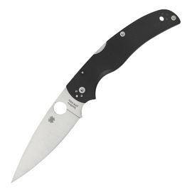 Spyderco Native Chief Lockback Pocket Knife. This image features a Spyderco Native Chief lockback pocket knife with a 4-inch satin finish CPM-S30V stainless steel blade and a black G10 handle. The knife also includes a thumb pull, pocket clip, and lanyard hole.