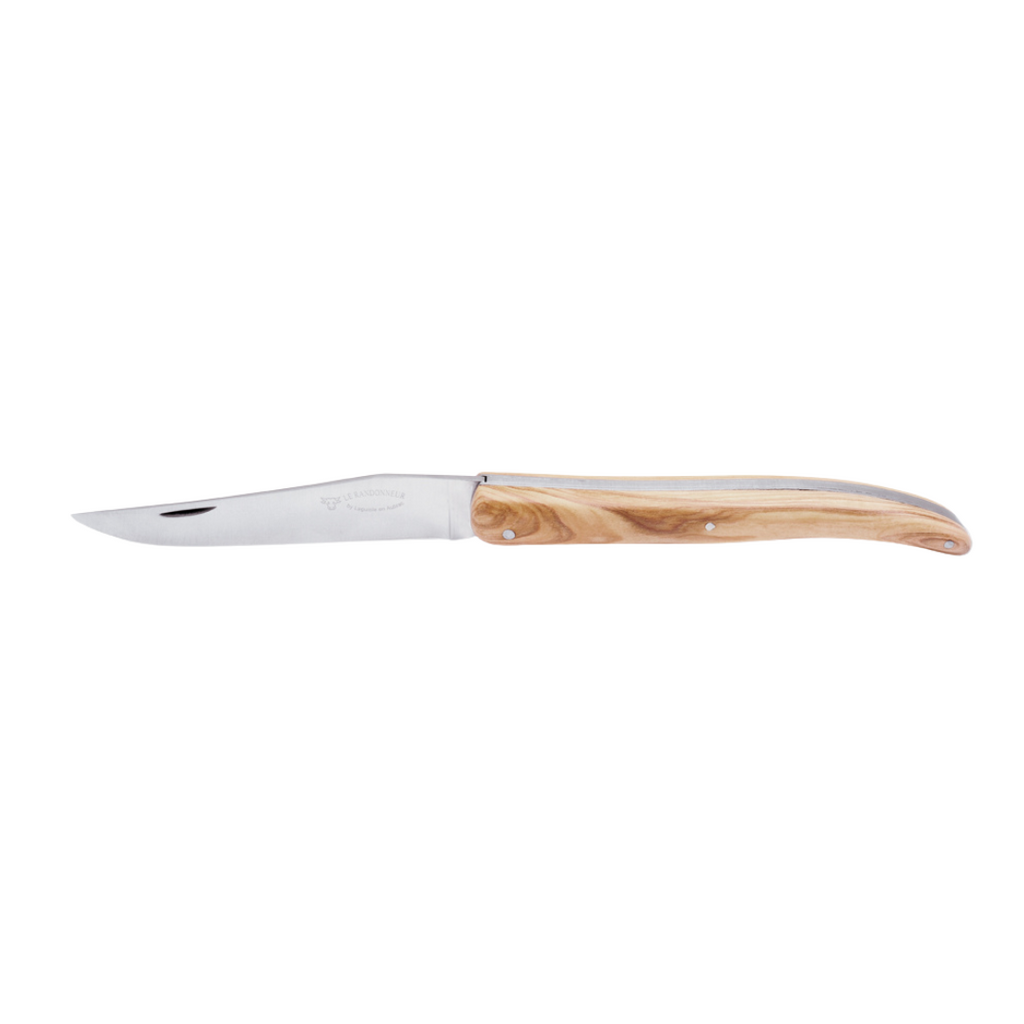 Laguiole En Aubrac Backpacker's Folding Knife (12cm) - Olive Wood. This traditional pocket knife features a stainless steel blade and a beautiful olive wood handle, perfect for picnics, camping, or any outdoor adventure.