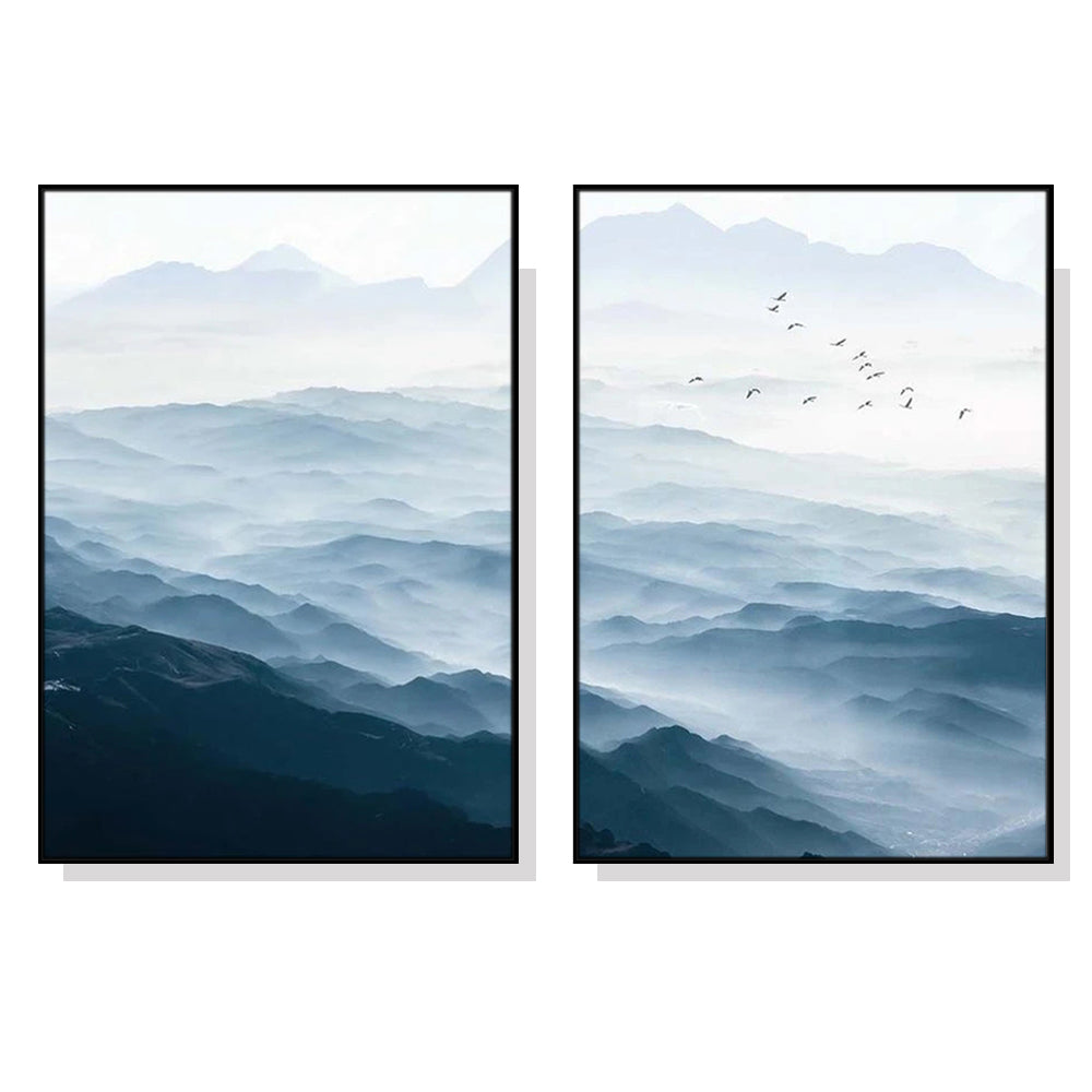 Wall Art 50cmx70cm Blue mountains 2 Sets Black Frame Canvas