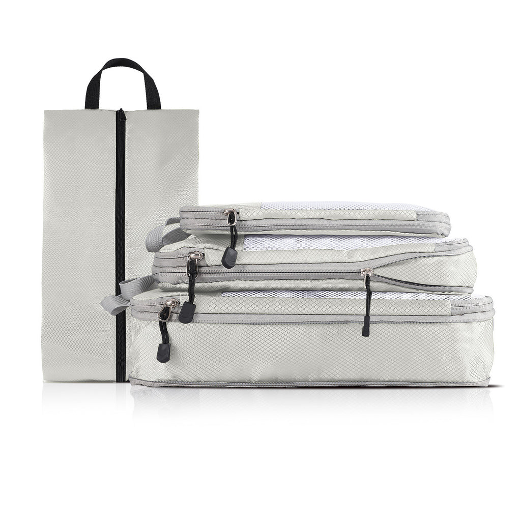 4-piece Set Beige Compression Travel Storage Bags Set, Mesh Travel Organizers for Luggage, Foldable and Space-Saving Packing Cubes