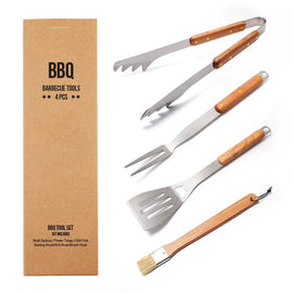 Premium 4-Piece BBQ Tool Set with Rubberwood Handles - Kraft Box