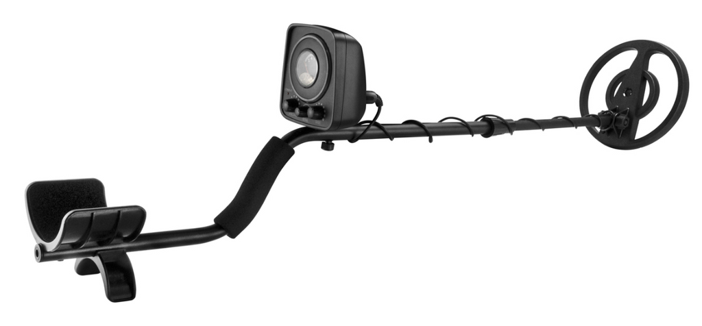 A black handheld metal detector with a large circular search coil and an attached flexible probe.