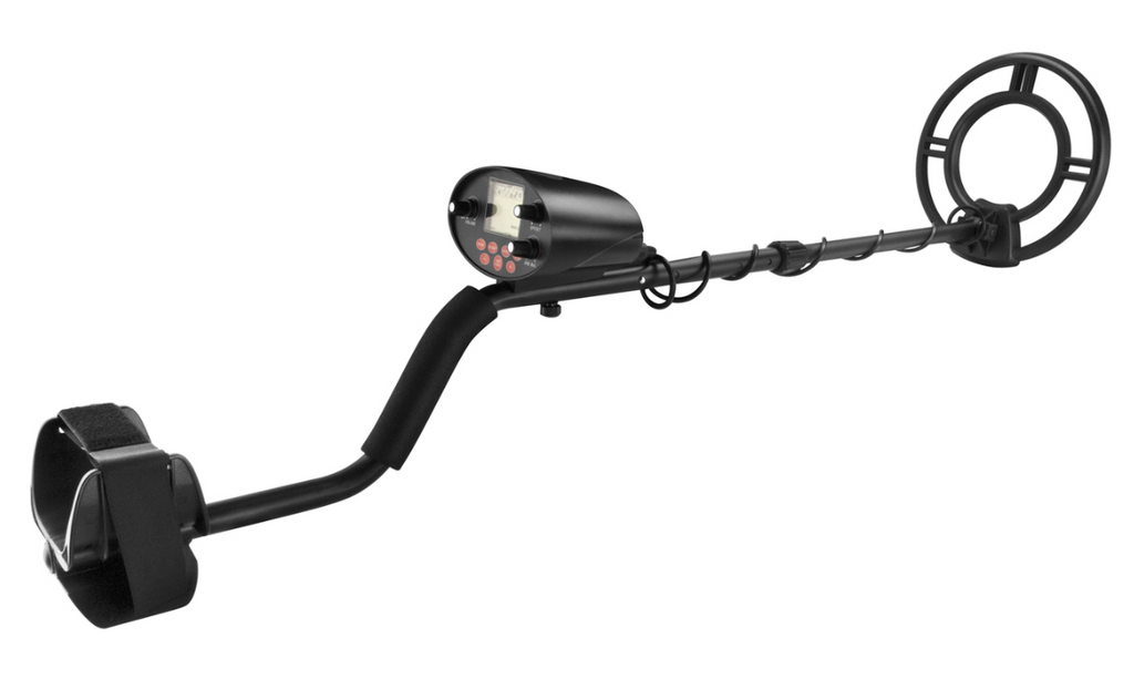 A black Barska Master-200 metal detector with a 10 inch search coil and a digital display.