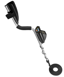A portable metal detector with a black color scheme, featuring a waterproof search coil and an LCD display.