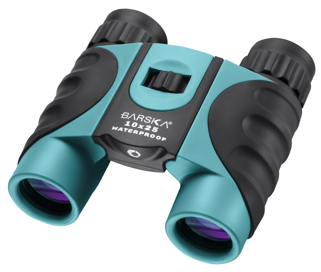 BARSKA brand binoculars with blue lens, black body, and a focus adjustment knob.