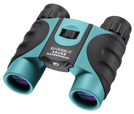 BARSKA brand binoculars with blue lens, black body, and a focus adjustment knob.