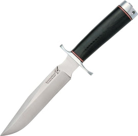 A fixed blade knife with a black micarta handle, aluminum guard and pommel, and a brown leather belt sheath.