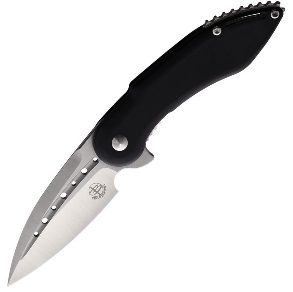 A foldable hunting knife with a black handle and a partially serrated silver blade, marked with the Begg Knives brand logo.