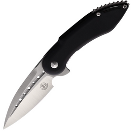 A foldable hunting knife with a black handle and a partially serrated silver blade, marked with the Begg Knives brand logo.