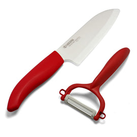 Santoku Knife - Kyocera Red Santoku Knife And Rod Handle Peeler Set | King of Knives