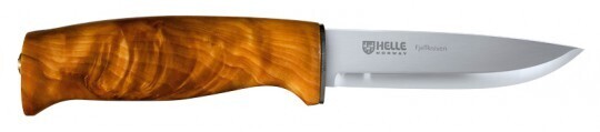 Helle- Fjellkniven 100mm triple laminated full tang blade,curly birch handle, pouch style sheath