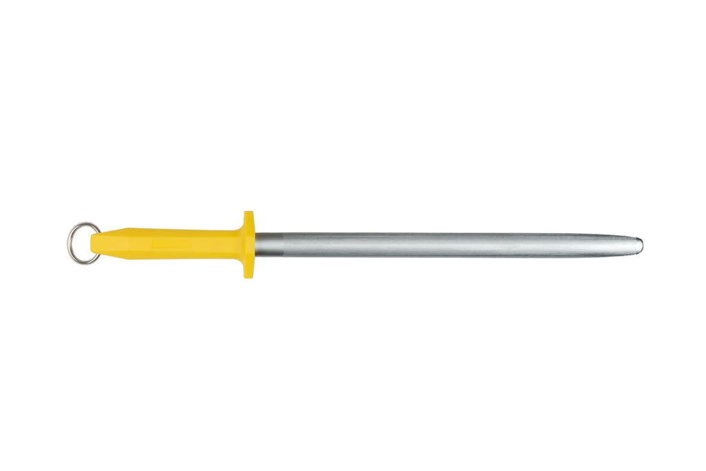 An oval-shaped, microfine sharpening steel with a yellow handle and silver metal rod, on a white background.