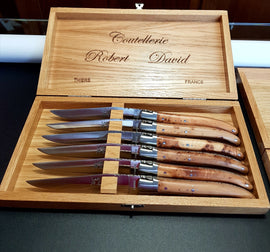 Robert David Laguiole  box 6 fixed blade table knives with bolster, juniperwood handle