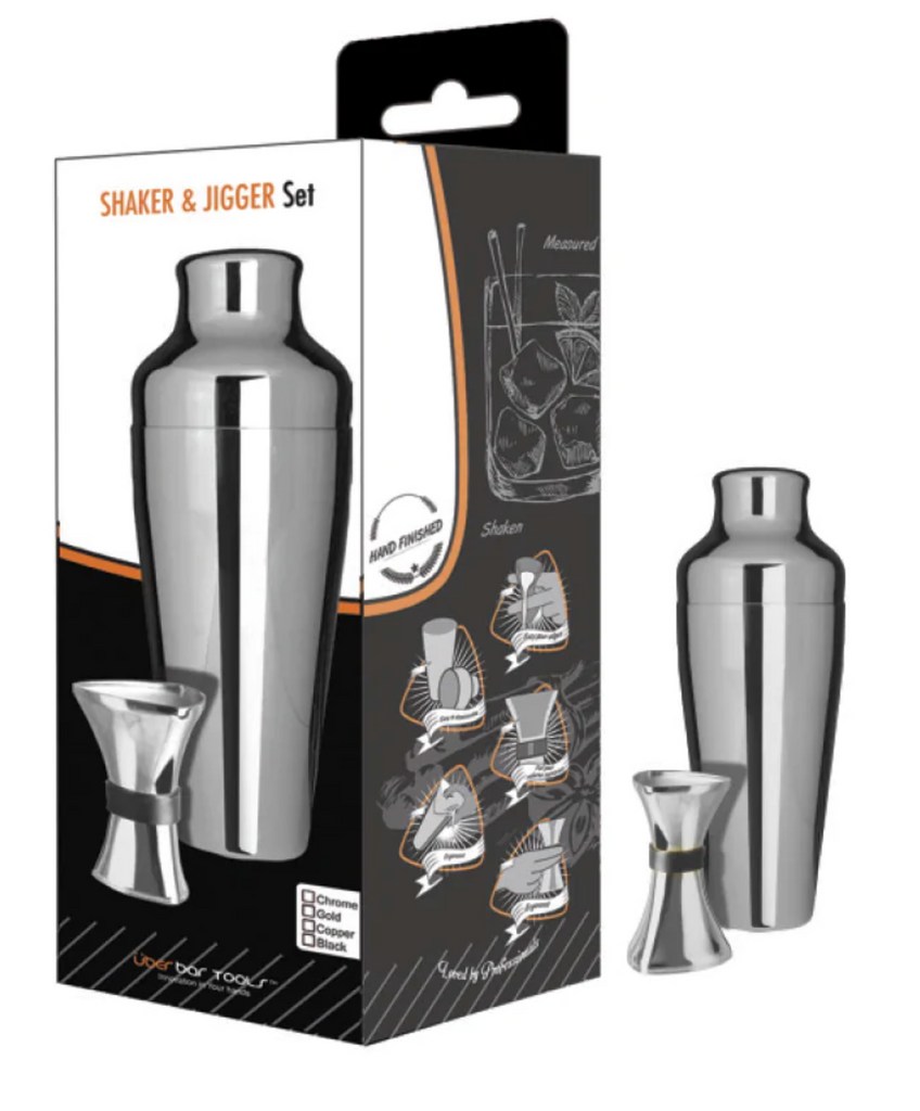 Uber SHAKER & JIGGER SET - CHROME (Incl. M Shaker & ProMegJig)