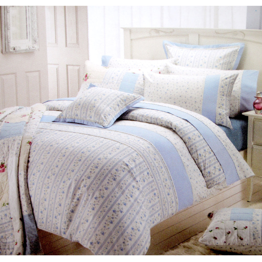 Belmondo 225TC Ashby Rose Blue King quilt cover set with floral lace design in soft tones. Durable polyester cotton blend with easy care comfort.