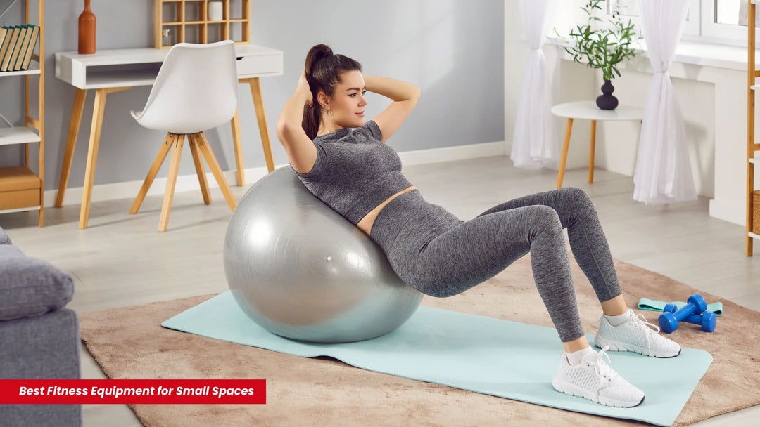 A woman with her home gym accessories