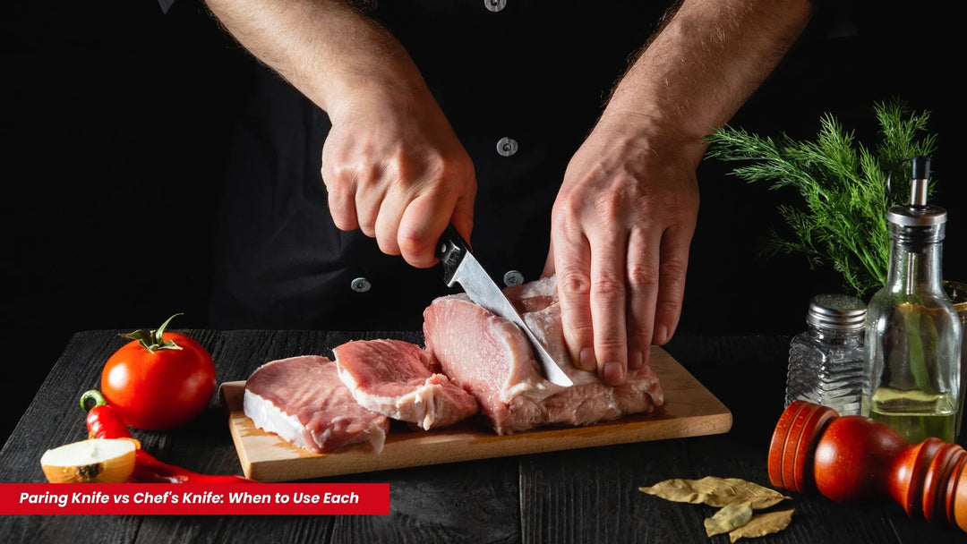 the chef using either paring or chef's knife