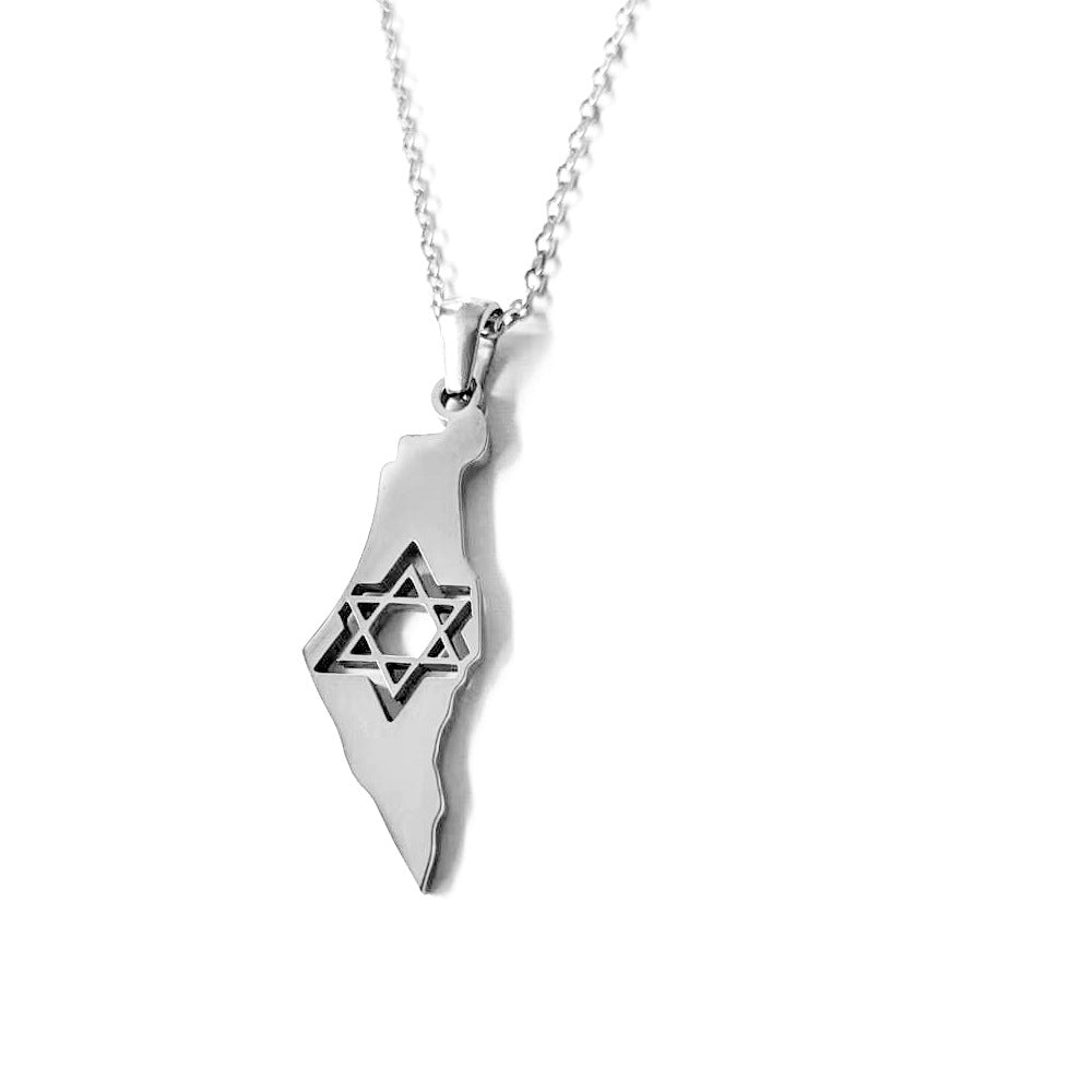 Stainless Steel Israel Map Necklace with Star of David-0