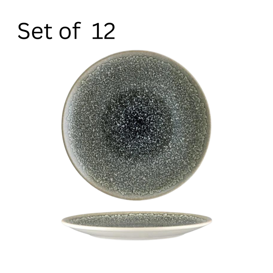 Bonna THAR BLACK ROUND COUPE PLATE, a 210x20mm black plate with a slightly lighter mottled rim, ideal for creating a stylish presentation for any meal.